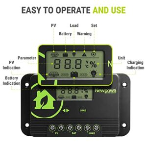 Newpowa 10A PWM Solar Charge Controller 12V/24V Compact Design LCD Display Off Grid Solar Panel Adjustablefor AGM, Gel, Flooded and Lithium Battery