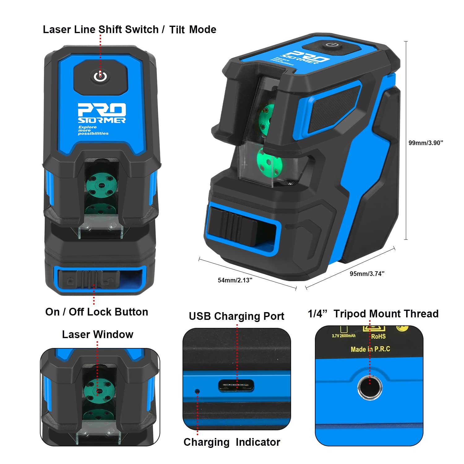 Laser Level Self-Leveling, Prostormer Horizontal and Vertical Cross Line Level Kit with Rechargeable Battery, Adjustable Magnetic Stand and Storage Bag for Picture Hanging, Tiling and Construction