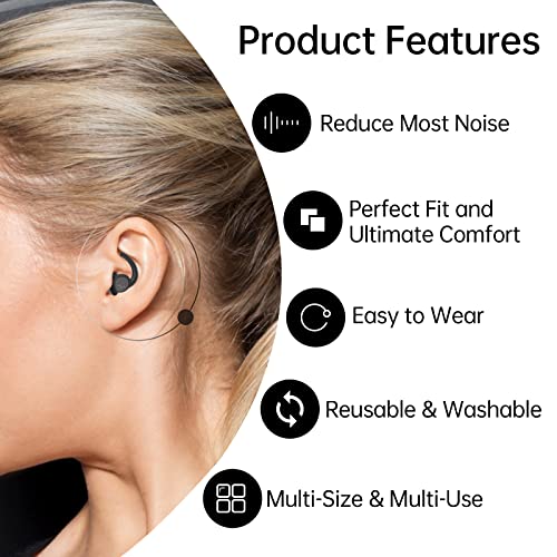 Ear Plugs for Sleeping Noise Cancelling Noise Reduction Earplugs for Sleep 2 Pairs Reusable Silicone Earplug for Snoring Work Airplane Noise Sensitive Black