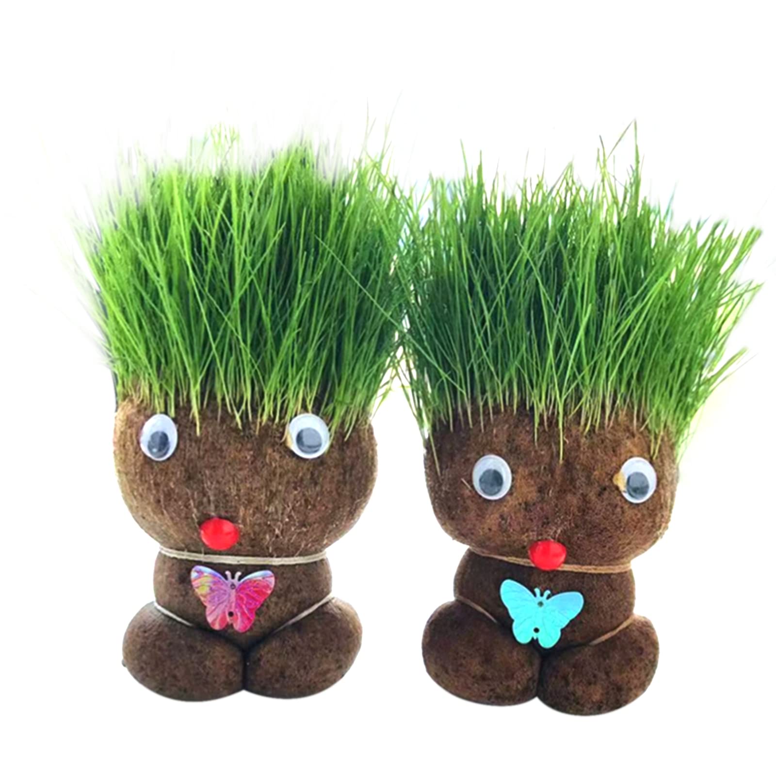 kekafu 2 Pack Growing Grass Head Doll Mini Bonsai Grass Head Plants Potted Craft DIY Educational Gifts for Children Office Garden Decoration Supplies, Random Styles