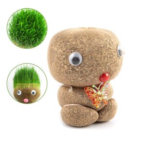 kekafu 2 Pack Growing Grass Head Doll Mini Bonsai Grass Head Plants Potted Craft DIY Educational Gifts for Children Office Garden Decoration Supplies, Random Styles