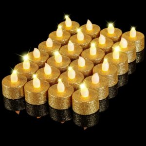 mudder 24 pieces gold tea lights led candles tealights flameless votive battery operated tea lights electric glitter flickering tealight for valentines holiday, wedding, festival gift, party decor