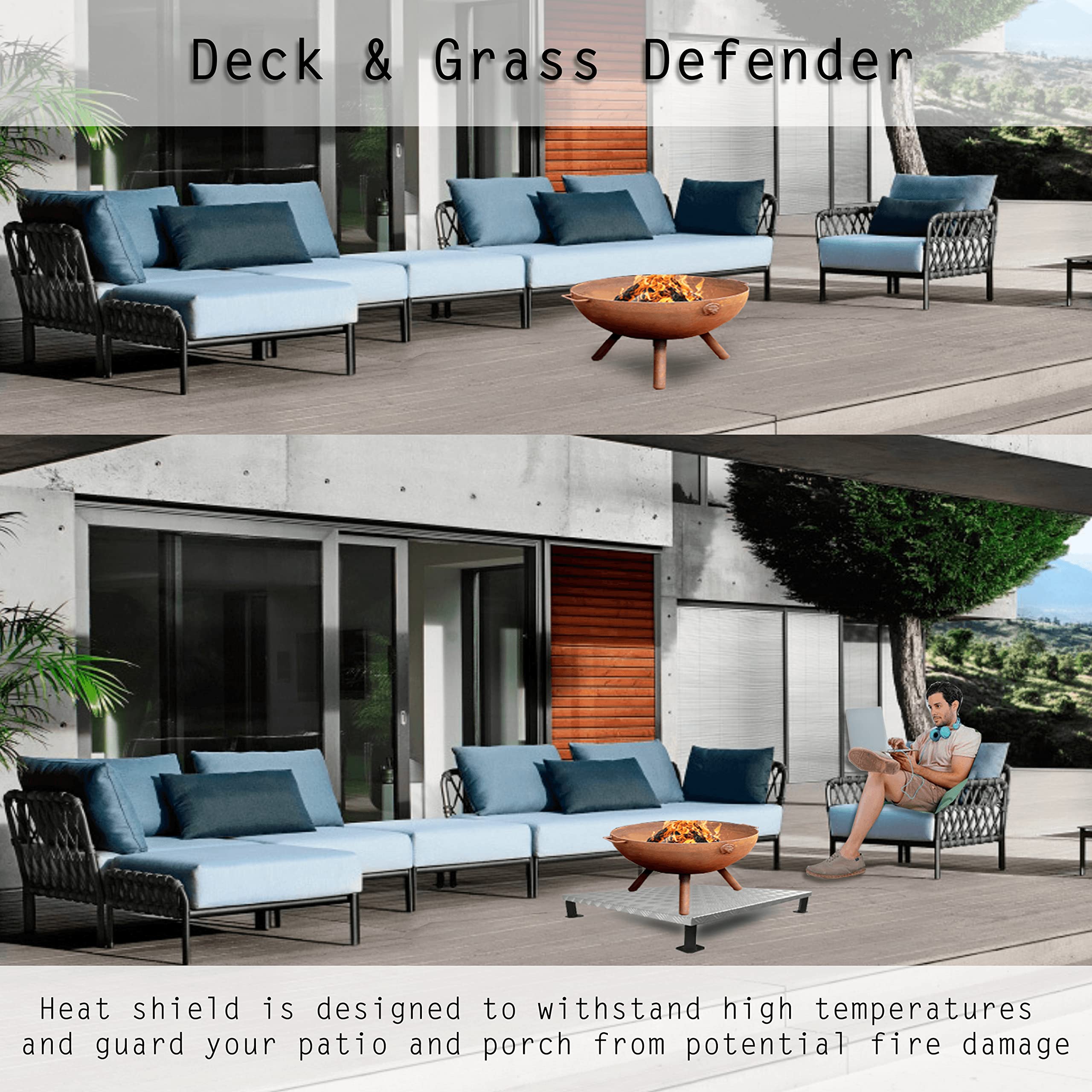 FEBTECH Portable Fire Pit Deck Defender & Grass Guard Heat Shield 25" for an Outdoor Fire Pits, Diamond-Plated Aluminum with Steel Frame Underneath to Protect Composite Wooden Deck, Patio, and Camping