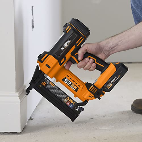 Freeman PE20V31618G 20 Volt Cordless 3-in-1 16 and 18 Gauge Nailer/Stapler Kit with Lithium Ion Battery, Charger, Bag, and Fasteners (600 Count) – 1300 Shots Per Charge