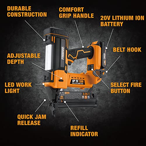 Freeman PE20V31618G 20 Volt Cordless 3-in-1 16 and 18 Gauge Nailer/Stapler Kit with Lithium Ion Battery, Charger, Bag, and Fasteners (600 Count) – 1300 Shots Per Charge