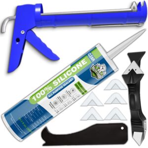 clear silicone sealant + caulk gun + caulking tool kit - all-purpose 100% silicone caulk (10 oz tube), with dripless gun, 3-in-1 scraper/smoothing tool, caulk removal tool.