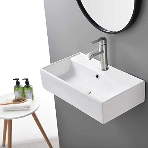 SHACO Wall Mounted Bathroom Sink with Towel Rack, 21" X 12" Modern Wall Mount Sink, Sinks for Small Bathrooms Wall Hung Sink, White Rectangular One Hole Lavatory Vanity Porcelain Ceramic Bathroom Sink