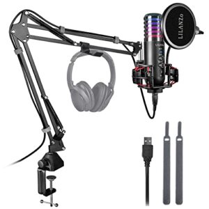 lilanzo usb condenser microphone for pc ps4, ps5 streaming singing podcast studio, computer cardioid gaming mic kit for recording youtube with boom arm stand pop filter, mute button, volume, echo