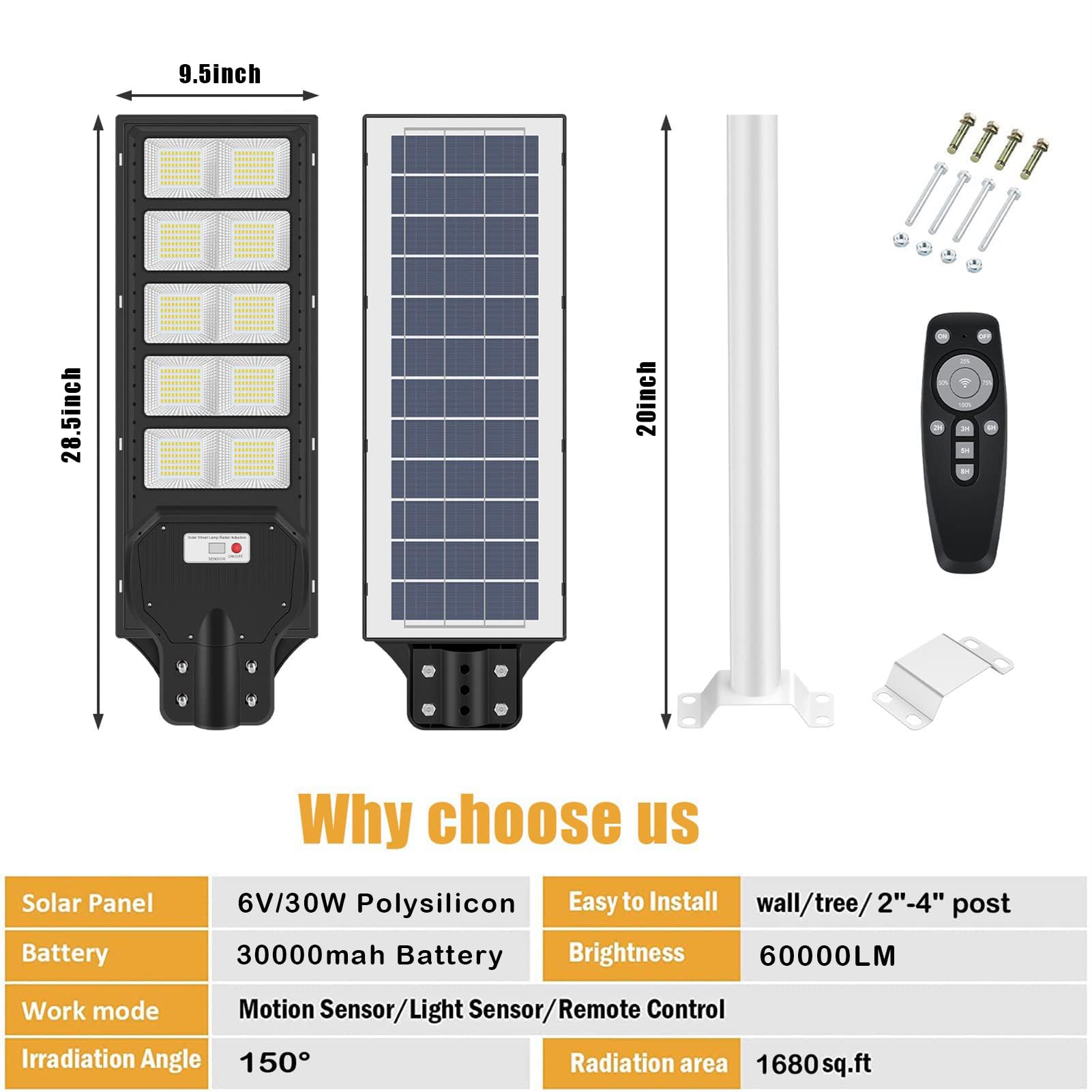 INSDEA 800W LED Solar Street Light Motion Sensor, 60000LM IP66 Waterproof Security Solar Flood Lights Outdoor with Remote Control, Dusk to Dawn Solar Lights for Outside Garden Yard Parking Lot