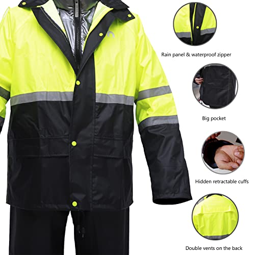 HAOKAISEN Rain Gear, Rain suit for Men Lightweight Waterproof High Visibility Reflective Safety Jacket with Pants(Yellow X-Large)