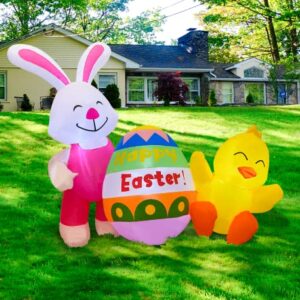 ECOOSTAR 4.5FT Long Easter Decorations Inflatables Bunny & Chicken with Eggs, Blow UpYard Build-in LED Lights, Decor for Outdoor Indoor, Yard, Garden, Lawn, White (RH-120-0600U4-1)