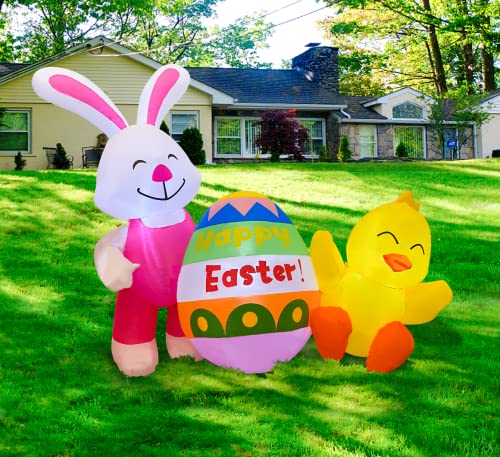 ECOOSTAR 4.5FT Long Easter Decorations Inflatables Bunny & Chicken with Eggs, Blow UpYard Build-in LED Lights, Decor for Outdoor Indoor, Yard, Garden, Lawn, White (RH-120-0600U4-1)