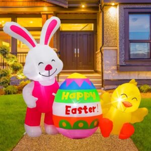 ECOOSTAR 4.5FT Long Easter Decorations Inflatables Bunny & Chicken with Eggs, Blow UpYard Build-in LED Lights, Decor for Outdoor Indoor, Yard, Garden, Lawn, White (RH-120-0600U4-1)