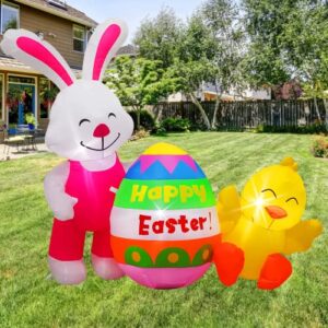 ECOOSTAR 4.5FT Long Easter Decorations Inflatables Bunny & Chicken with Eggs, Blow UpYard Build-in LED Lights, Decor for Outdoor Indoor, Yard, Garden, Lawn, White (RH-120-0600U4-1)