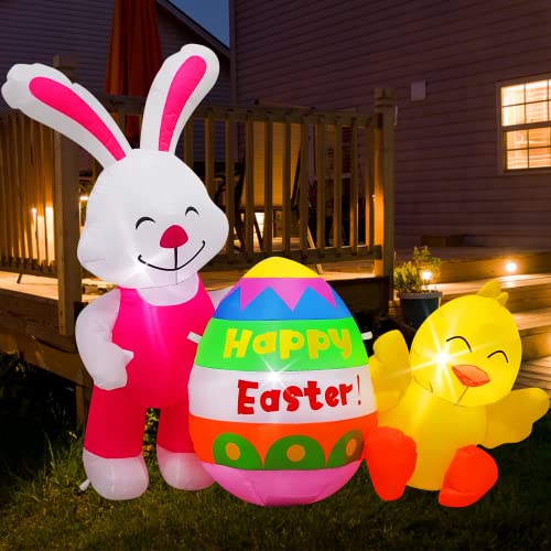 ECOOSTAR 4.5FT Long Easter Decorations Inflatables Bunny & Chicken with Eggs, Blow UpYard Build-in LED Lights, Decor for Outdoor Indoor, Yard, Garden, Lawn, White (RH-120-0600U4-1)