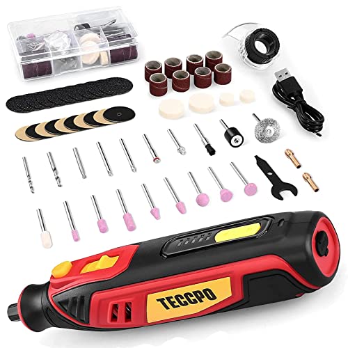 4V Cordless Rotary Tool, 5-Speed 25000RPM TECCPO Mini Power Rotary Tool with 53 Accessories, Rechargeable Rotary Tool for Grinding, Polishing, Wood Carving, Engraving, Soft Metal Drilling, Cutting