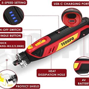 4V Cordless Rotary Tool, 5-Speed 25000RPM TECCPO Mini Power Rotary Tool with 53 Accessories, Rechargeable Rotary Tool for Grinding, Polishing, Wood Carving, Engraving, Soft Metal Drilling, Cutting