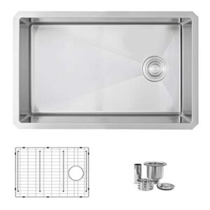 azuni 28 inch x 18 inch single bowl undermount 16 gauge reversible deep stainless steel kitchen sink with bottom grid and luxury basket strainer, c128