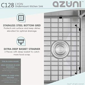 AZUNI 28 inch x 18 inch Single Bowl Undermount 16 Gauge Reversible Deep Stainless Steel Kitchen Sink with Bottom Grid and Luxury Basket Strainer, C128