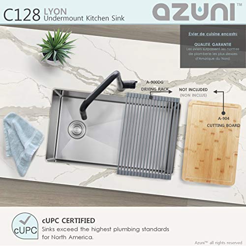 AZUNI 28 inch x 18 inch Single Bowl Undermount 16 Gauge Reversible Deep Stainless Steel Kitchen Sink with Bottom Grid and Luxury Basket Strainer, C128