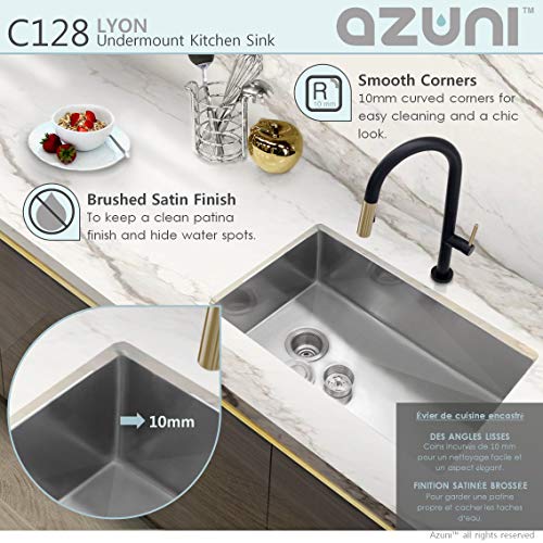 AZUNI 28 inch x 18 inch Single Bowl Undermount 16 Gauge Reversible Deep Stainless Steel Kitchen Sink with Bottom Grid and Luxury Basket Strainer, C128