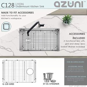 AZUNI 28 inch x 18 inch Single Bowl Undermount 16 Gauge Reversible Deep Stainless Steel Kitchen Sink with Bottom Grid and Luxury Basket Strainer, C128