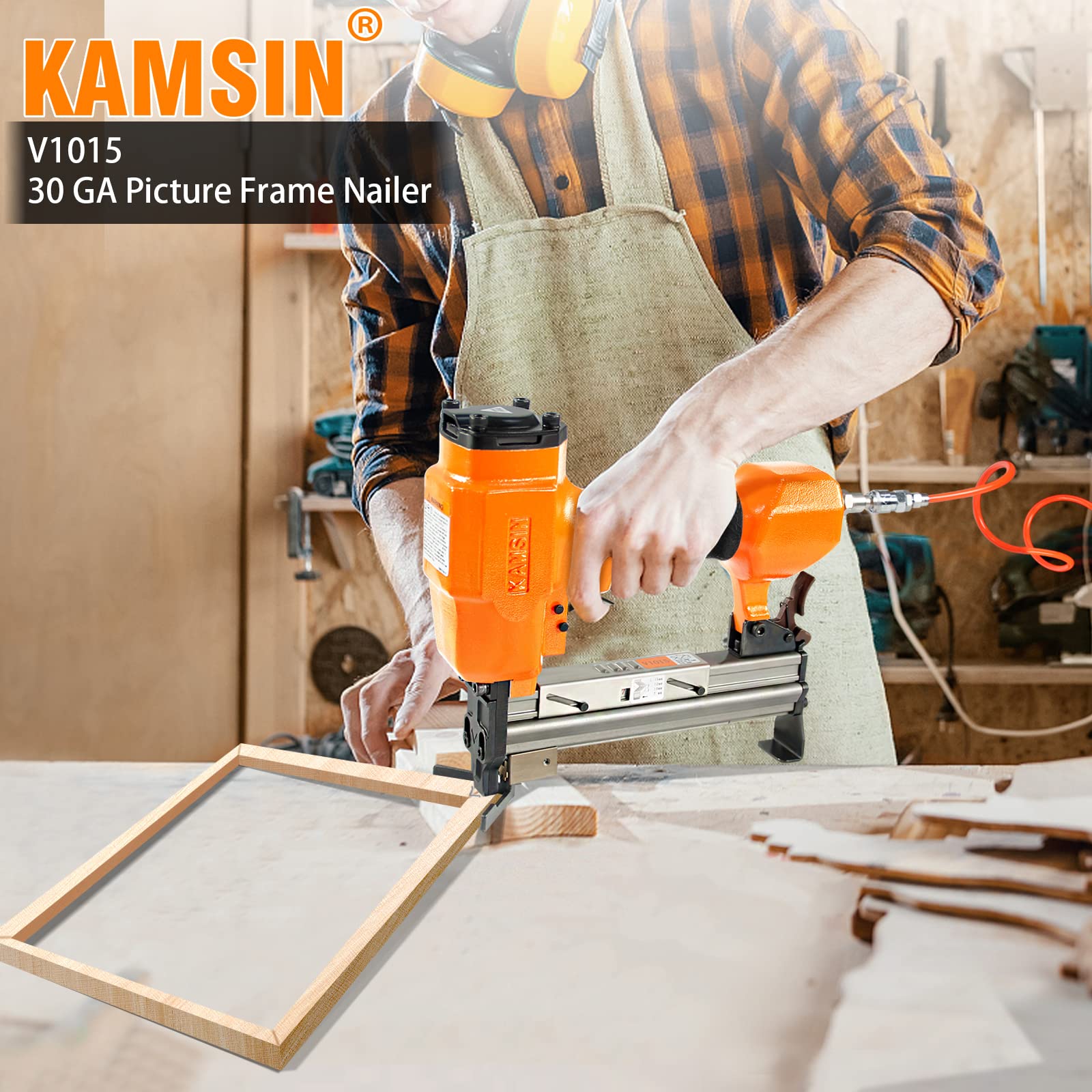 KAMSIN #V1015 30 Gauge Pneumatic Picture Frame Nailer, 13/32”(10.3mm) Crown V Nailer, 5/16'' to 19/32'' (7-15mm) Leg Length V-nails Tacker V Nails Gun For Picture Frames