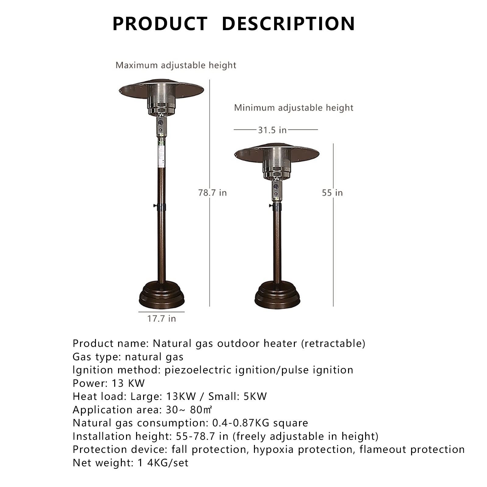 VQQ Natural Gas Patio Heater, Adjustable Height, Between (55-78in)，Includes 12-Foot-Long Natural Gas Hose，Passed CE, CSA Certification, Quality is Guaranteed (Color : Brown)