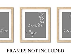 Relax, Breathe, Unwind Bathroom Wall Decor - Set of 3-8"x10" UNFRAMED Prints - Modern, Minimal, Boho, Zen Black And White Art - Bathroom Wall Art (Grey Background)