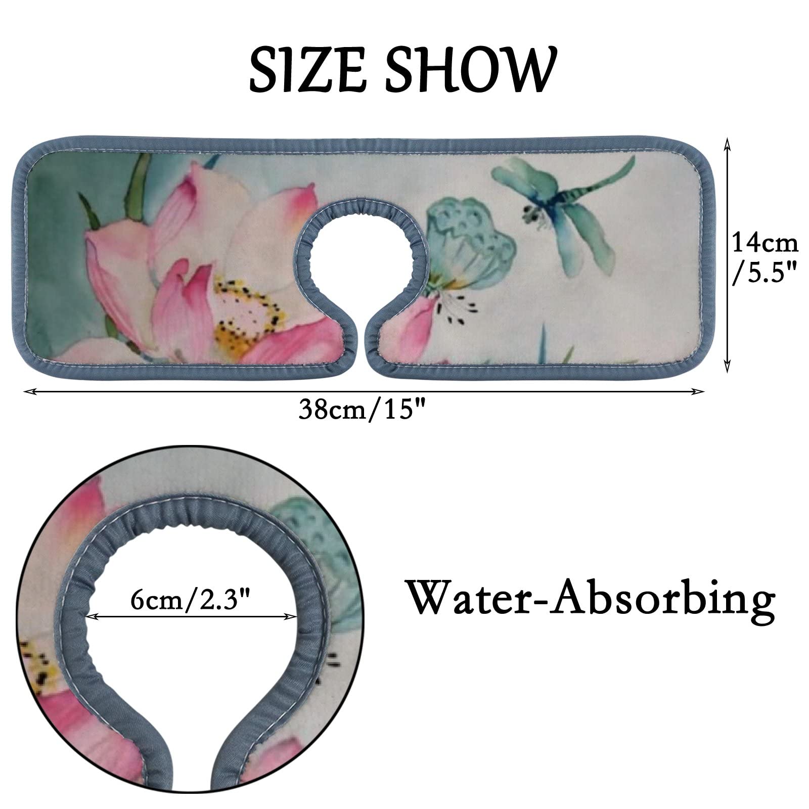 Kitchen Faucet Absorbent Mat 2 Pieces Watercolor Painting of Lotus Dragonfly Faucet Sink Splash Guard Bathroom Counter and RV,Faucet Counter Sink Water Stains Preventer