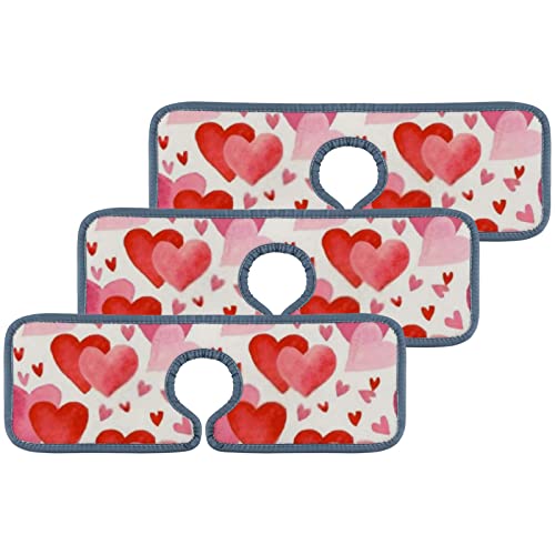 Kitchen Faucet Absorbent Mat 3 Pieces Watercolor Hearts for Valentine'S Day Faucet Sink Splash Guard Bathroom Counter and RV,Faucet Counter Sink Water Stains Preventer