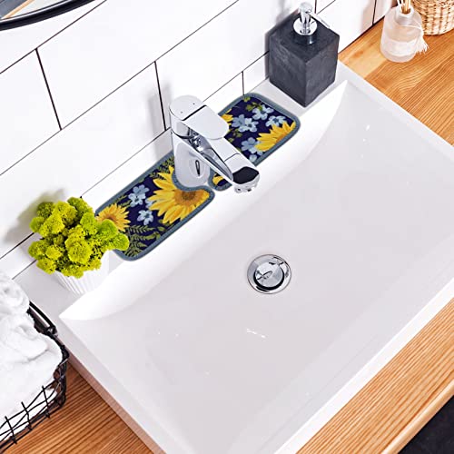 Kitchen Faucet Absorbent Mat 3 Pieces Sunflowers Navy Vintage Foliage Faucet Sink Splash Guard Bathroom Counter and RV,Faucet Counter Sink Water Stains Preventer