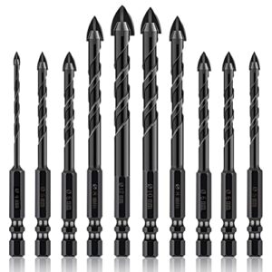 10 pieces masonry drill bit set 1/4" hex shank concrete drill bits set for glass, tile, brick, pots, plastic and wood, carbide tip works with ceramic, marble, granite(black)