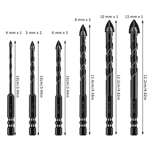 10 Pieces Masonry Drill Bit Set 1/4" Hex Shank Concrete Drill Bits Set for Glass, Tile, Brick, Pots, Plastic and Wood, Carbide Tip Works with Ceramic, Marble, Granite(Black)