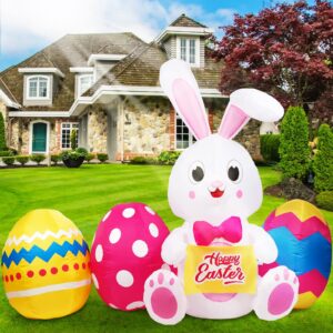 ourwarm 6 ft easter inflatables outdoor decorations bunny and 3 colorful eggs, build-in led lights blow up yard decorations for easter decor, home holiday party indoor, outdoor, garden, lawn decor