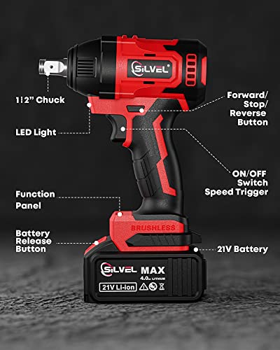 SILVEL Impact Wrench, Cordless Impact Wrench 1/2 inch, Brushless 1/2 Inch Impact Gun, 370 Ft-lbs Max Torque(500N.m), 21V Li-ion Battery, 6Pcs Sockets, Electric Impact Driver