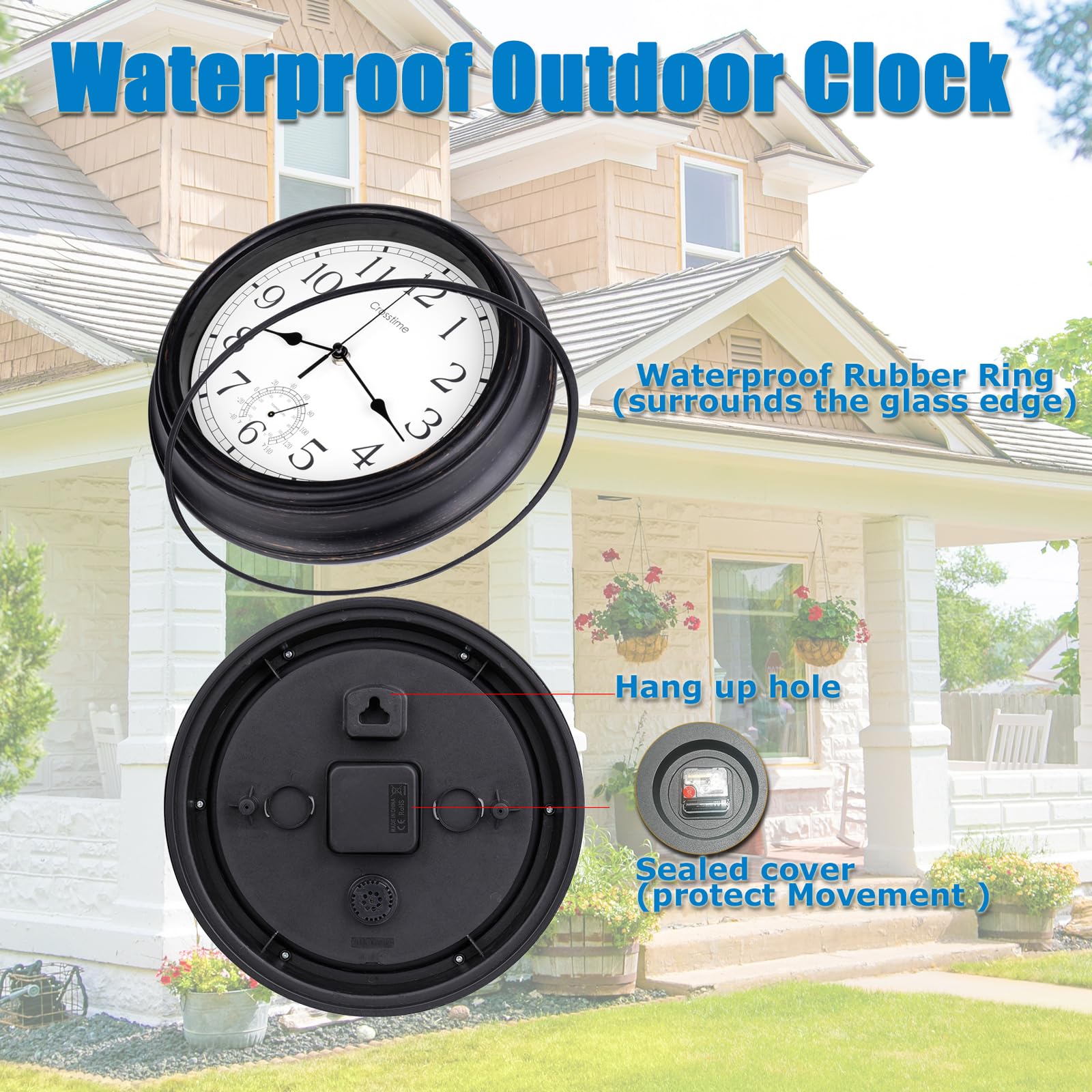 12 Inch Indoor Outdoor Clock Waterproof with Thermometer Retro Wall Clocks for Patio Pool Garden Home,Bronze