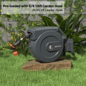 Giraffe Tools AW505/8 Retractable Garden Hose Reel 5/8" x 115+5 ft, Heavy Duty Wall Mounted Water Hose Reel Automatic Rewind, 180 Deg Swivel Bracket, Slow Retraction, 115ft, Dark Grey