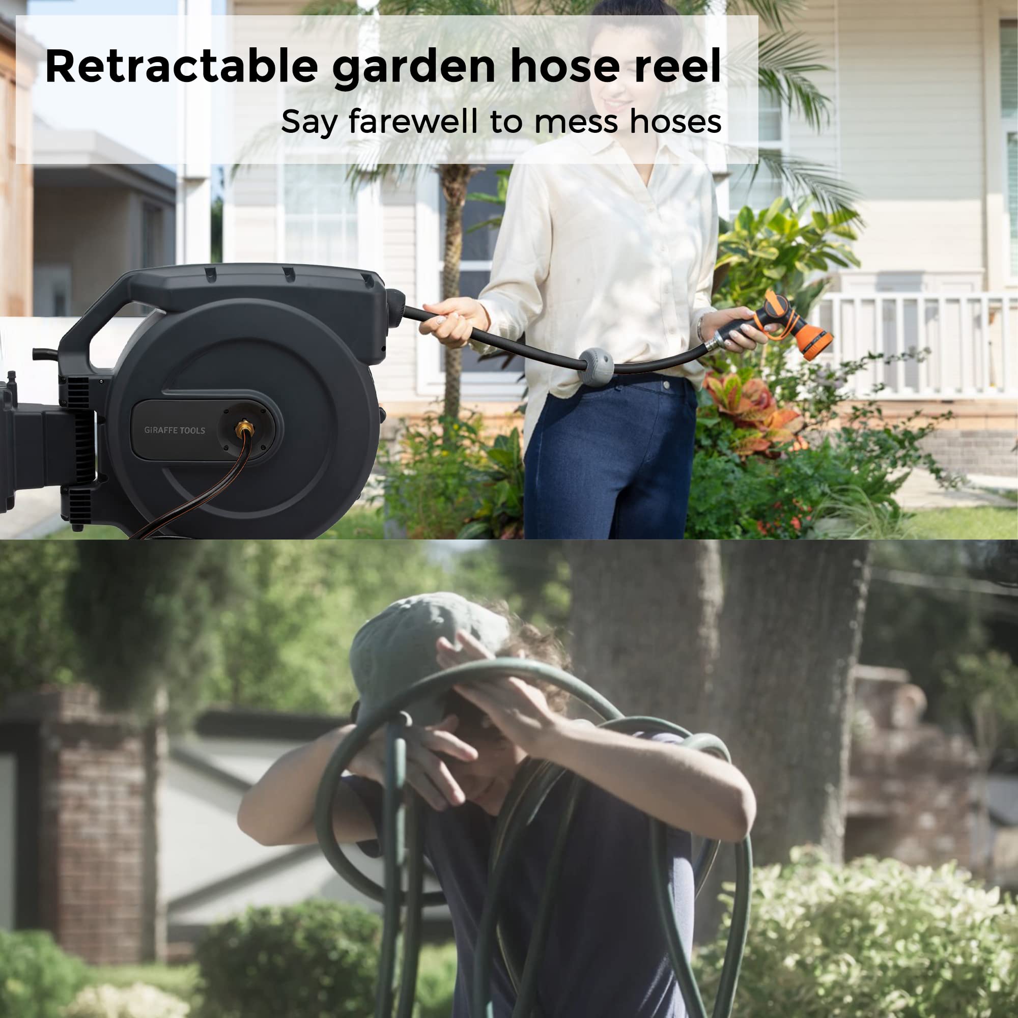 Giraffe Tools AW505/8 Retractable Garden Hose Reel 5/8" x 115+5 ft, Heavy Duty Wall Mounted Water Hose Reel Automatic Rewind, 180 Deg Swivel Bracket, Slow Retraction, 115ft, Dark Grey