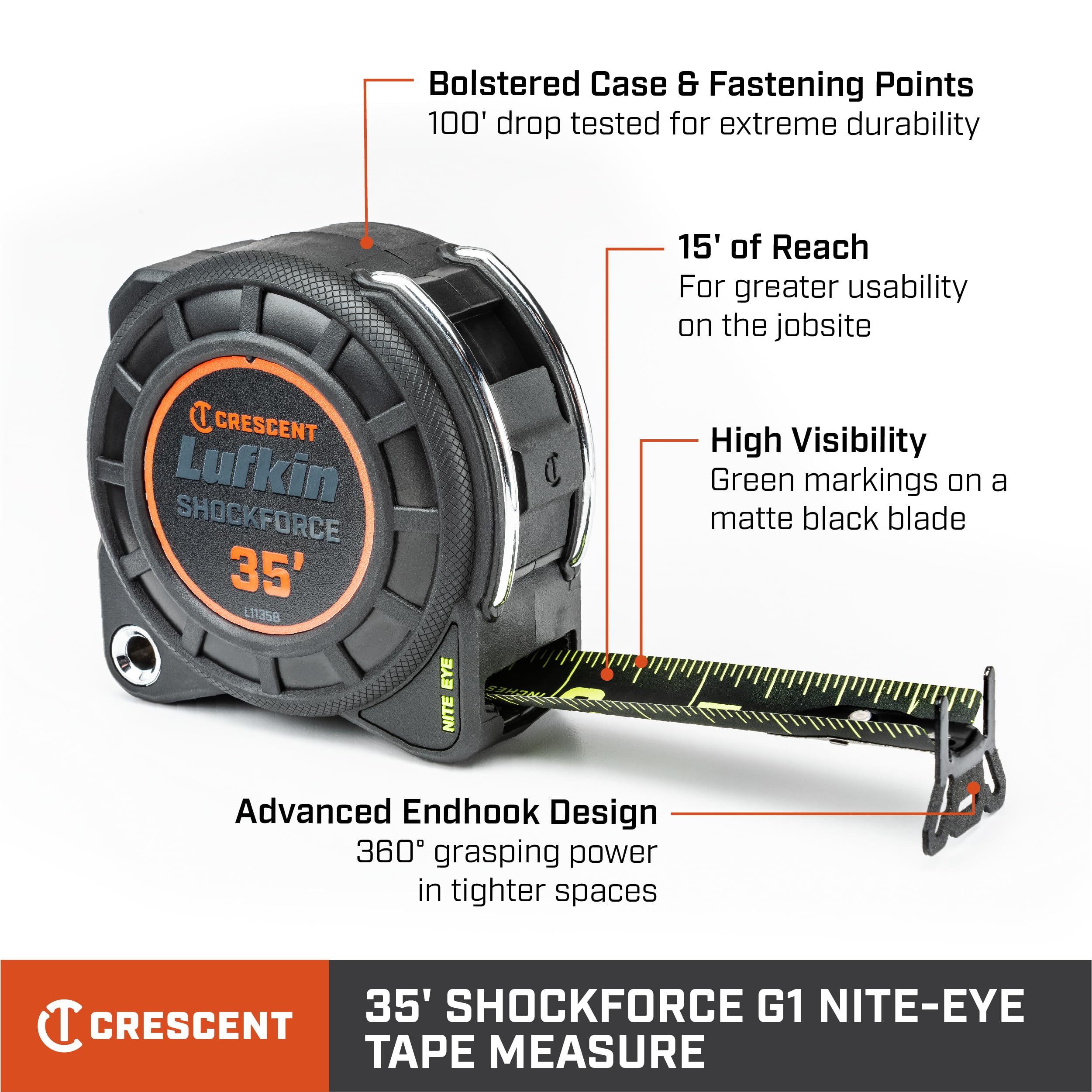 Lufkin 1-3/16" x 35' Shockforce Nite Eye G1 Dual Sided Tape Measure - L1135B