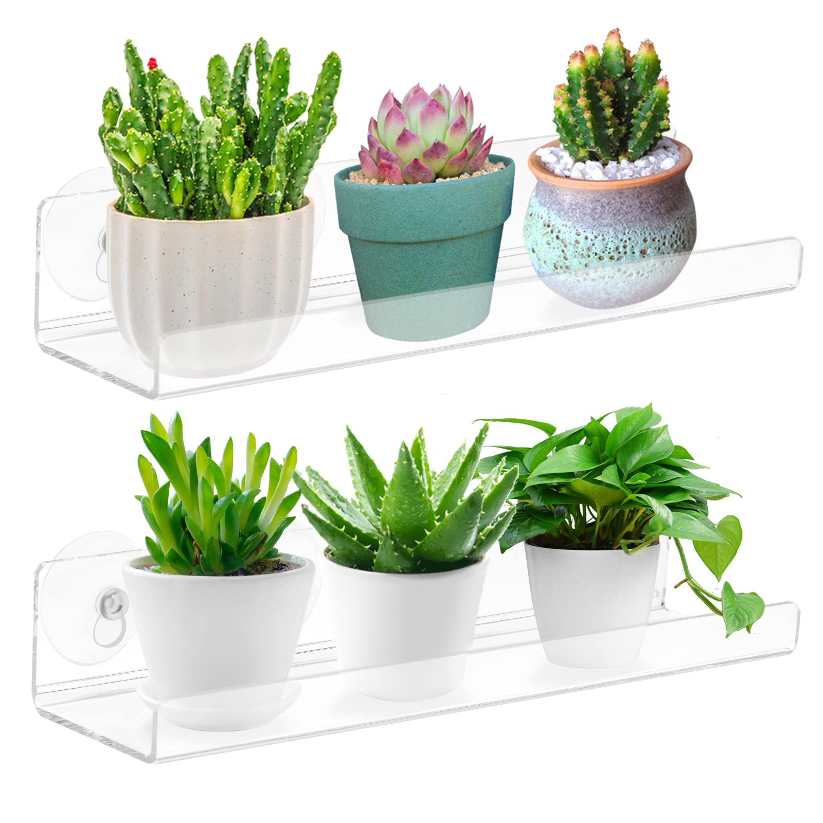 2 Pack Suction Cup Shelf for Plants Window, 12 Inch Acrylic Window Sill Extender for Plants, Window Plant Shelves, for Succulent Planters, Herb Pots, Indoor Plants