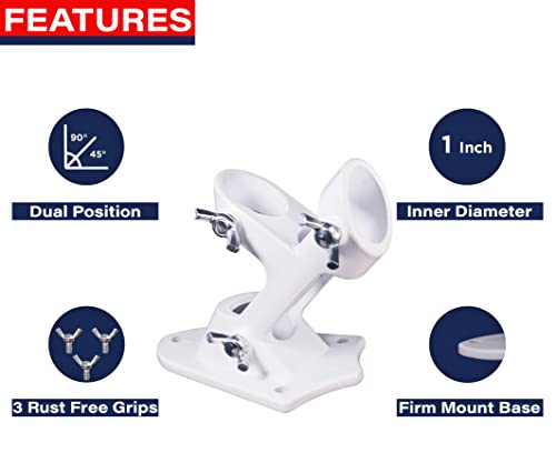 MoXwo 1" Dual Metal Flag Pole Holder for Outside House with 3 Fixing Clamps - Heavy Duty Aluminum Alloy Flag Holder for Outside 0.75 to 1 inch - Wind & Rust Resistant Flag Pole Holders Brackets-White