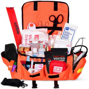 ever ready first aid fully stocked emt trauma bag feat. tourniquet, chest seals, bleeding control, bandages, shears, gauze pads and rolls (orange)