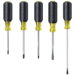 klein tools 80031 screwdriver set, 5-piece kit includes 2 slotted, 2 phillips and 1 square tip screwdriver, cushion grip comfort