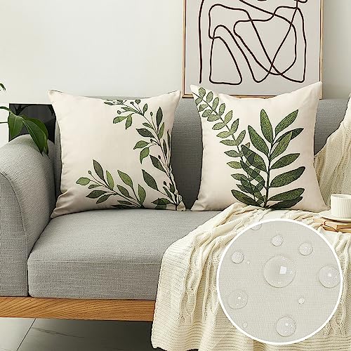 Tritard Outdoor Pillow Covers Set of 2 Waterproof Fabric Green Botanical Plant Leaves Throw Pillow Covers Leaf Pillowcases for Patio Furniture Living Room, 18x18