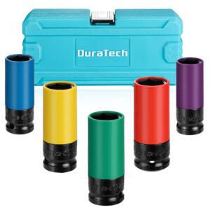duratech 1/2 wheel protector impact socket set, lug nut sockets with non-marring protective sleeve, 15 17 19 21 22 mm metric sockets, cr-mo alloy, color-coded, great gifts