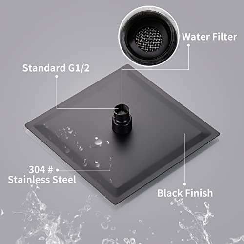 KSUCBOHAR Shower Head, 8 Inch High Pressure Rain Shower Head, Pressure Boosting Shower Head, Awesome Shower Experience, Stainless Steel Rainfall Shower Head (Square Black)