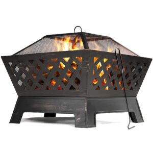 singlyfire 34 inch fire pits for outside extra large wood burning fire pit rectangular deep bowl outdoor steel firepits with ash plate,water drainage hole,spark screen,poker for backyard bonfire