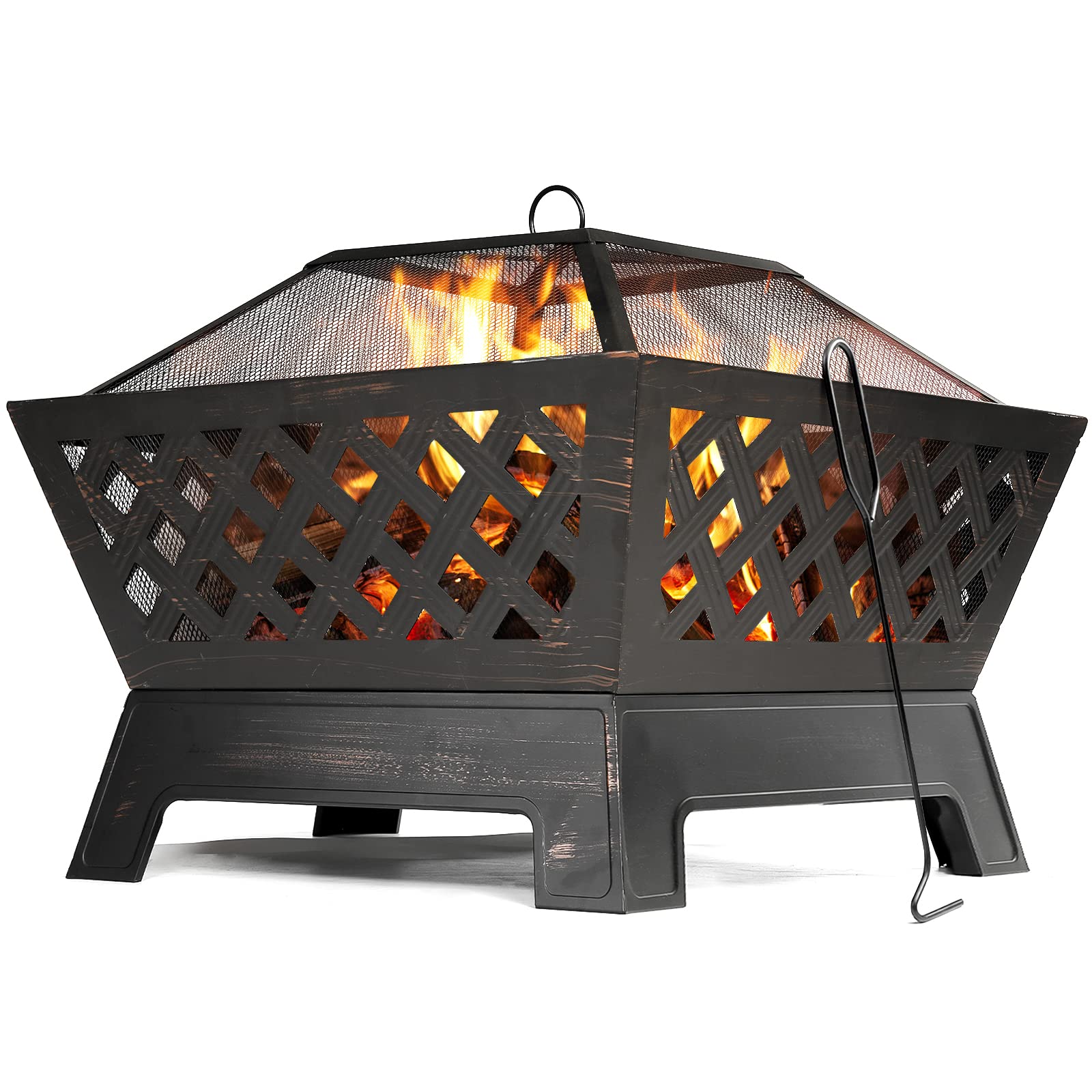 SINGLYFIRE 34 Inch Fire Pits for Outside Extra Large Wood Burning Fire Pit Rectangular Deep Bowl Outdoor Steel Firepits with Ash Plate,Water Drainage Hole,Spark Screen,Poker for Backyard Bonfire