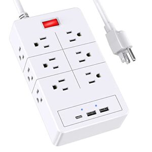 power strip with usb c - 12 widely outlets with 2 usb charging ports+1 usb c total 3.1 a, 6 ft long heavy duty extension cord,overload surge protection, surge protector wall mount for home (white)